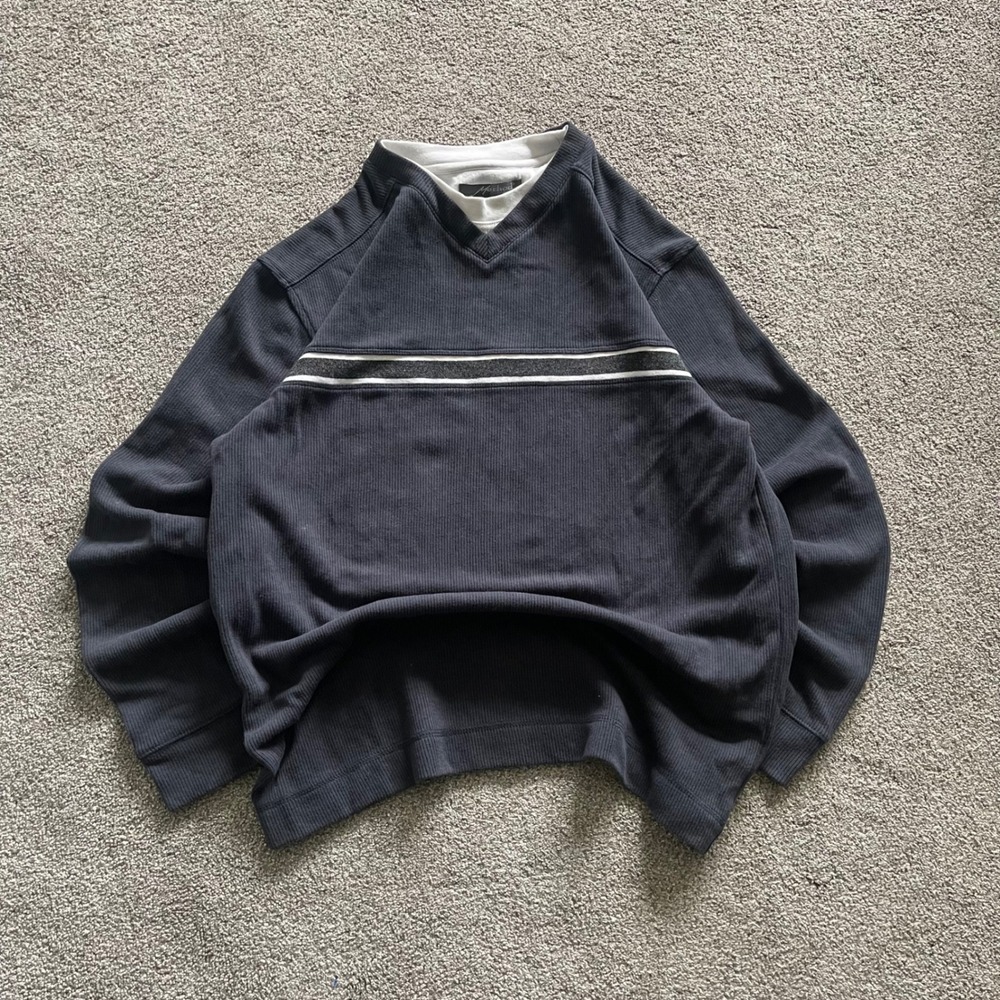 Y2K Mens Method Ribbed Pullover Sweater Size M Charcoal Grey Excellent Striped